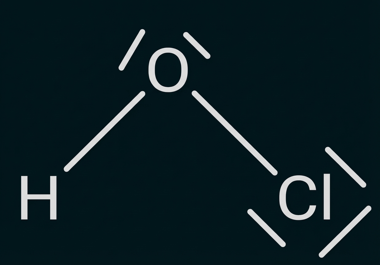 Strukturformel von HOCl (hypochlorige Säure): H-O-Cl mit freien Elektronenpaaren
